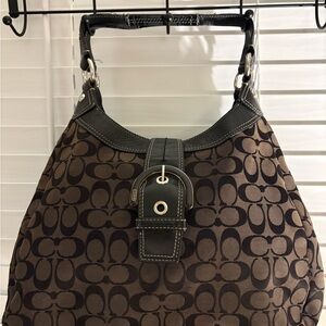 Coach Black 3 zipper pocket Buckle Signature Canvas Shoulder Hobo Bag